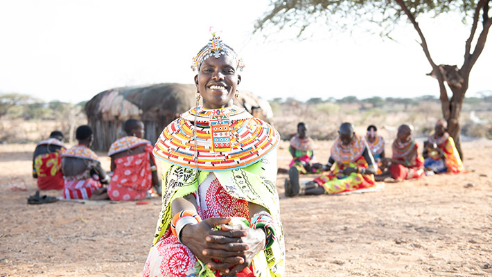 Nkiliyian, a Star Beader, wearing traditional beaded jewellery. Photographer: Migwa Nthiga